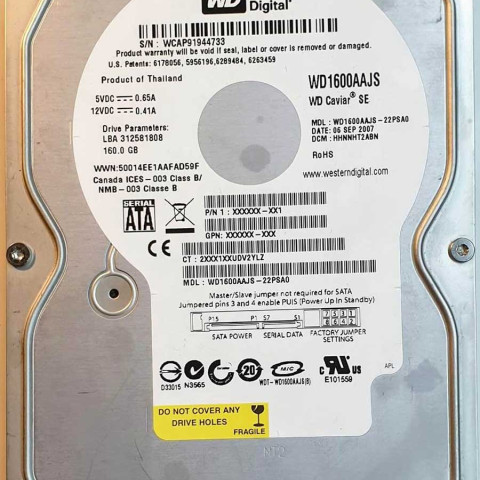 WD 1600AAJS-22PSA0 xxxT2xxx 06 Sep 2007